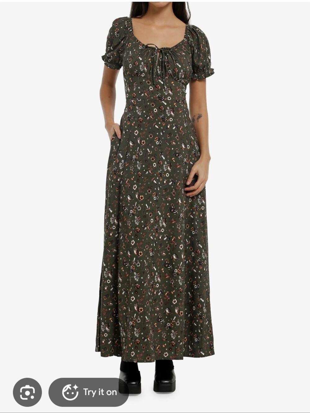 Thorn & Fable Dark Fairy Floral Woodland Critters Puff-Sleeve Maxi Dress Olive